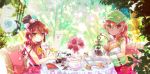  alpaca animal ascot bangs bird black_hat blurry blurry_foreground blush bow breasts brown_eyes brown_hair cabbie_hat cafe-chan_to_break_time cafe_(cafe-chan_to_break_time) cake chair cleavage closed_mouth commentary_request creamer_(vessel) cup day depth_of_field drink eyebrows_visible_through_hair flower food forest gloves green_hat green_shirt hair_between_eyes hat hat_bow highres holding large_breasts long_hair looking_at_viewer looking_to_the_side mini_hat mini_top_hat multiple_girls nature on_chair outdoors parted_lips pink_bow pink_flower pink_rose porurin quill red_eyes red_flower red_rose red_shirt rose saucer shirt sitting sleeveless sleeveless_shirt slice_of_cake smile squirrel table tea_(cafe-chan_to_break_time) teacup teapot top_hat white_flower white_gloves white_rose yellow_neckwear 
