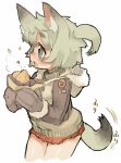  animal_humanoid blush cat_humanoid clothed clothing collar feline female food gloves green_eyes green_hair green_tail hair humanoid inner_ear_fluff japanese_text mammal open_mouth paws ricosye skirt sweet_potato text vegetable 