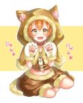  :3 :d alternate_eye_color animal_hood bad_id bad_twitter_id blush brown_shorts cat_hood cat_tail commentary_request fur-trimmed_gloves fur-trimmed_hood fur-trimmed_shorts fur_trim gloves hands_up heart hood hood_up hoshizora_rin looking_at_viewer love_live! love_live!_school_idol_project minori_748 navel nyan open_mouth orange_eyes orange_hair outline paw_gloves paws puffy_shorts red_collar shorts sitting smile solo tail white_outline yokozuwari 