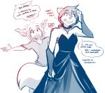  2018 anthro armwear bare_shoulders basitin breasts canine choker cleavage clothed clothing confusion dialogue dress duo elbow_gloves english_text evening_gown female gloves hand_on_head hi_res impressed jewelry keidran madelyn_adelaide mammal monochrome natani necklace open_mouth simple_background sketch smile text tom_fischbach twokinds webcomic white_background wolf yelling 