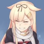  :d black_shirt blonde_hair blue_background blush closed_eyes commentary dan_(kumadan) darling_in_the_franxx dated eyebrows_visible_through_hair facing_viewer grin hair_flaps hair_ornament hair_ribbon hairclip kantai_collection long_hair md5_mismatch neckerchief open_mouth parody red_neckwear remodel_(kantai_collection) ribbon scarf school_uniform serafuku shiny shiny_hair shirt signature simple_background single_sidelock smile solo straight_hair teeth upper_body v-shaped_eyebrows white_scarf yuudachi_(kantai_collection) 