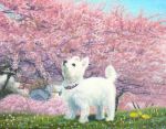  animal calligraphy_brush calligraphy_brush_(medium) cherry_blossoms collar commentary_request day dog no_humans original paintbrush scenery spring_(season) traditional_media white_fur 