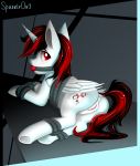  2016 absurd_res alternate_species anus arms_tied ball_gag blackjack_(fallout_equestria) blush bound bound_wings butt cutie_mark dock equine eyebrows eyelashes fallout_equestria fan_character feathered_wings feathers female feral gag gagged hair hi_res hooves horn legs_tied looking_back lying mammal multicolored_hair my_little_pony nude puffy_anus pussy red_eyes red_hair rope rope_bondage signature solo sparklyon3 submissive two_tone_hair underhoof white_feathers winged_unicorn wings 