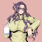  black-framed_eyewear blue_eyes breasts commentary_request cup glasses kagamihara_sakura large_breasts long_hair mifune_seijirou mug purple_hair ribbed_sweater solo sweater turtleneck turtleneck_sweater yurucamp 