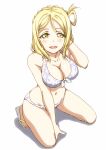  :d bikini blonde_hair blush breasts cleavage collarbone full_body hand_in_hair highres kneeling large_breasts long_hair looking_at_viewer love_live! love_live!_sunshine!! nakamura_kou navel ohara_mari open_mouth simple_background sketch smile solo swimsuit white_background white_bikini yellow_eyes 