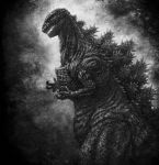  claws commentary_request from_side godzilla godzilla_(series) highres kaijuu katou_yuu monochrome monster no_humans open_mouth sharp_teeth shin_godzilla small_hands spikes standing teeth 