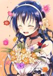  bangs bare_shoulders blue_hair bouquet choker closed_eyes commentary_request eyebrows_visible_through_hair flower hair_between_eyes hair_flower hair_ornament highres holding long_hair love_live! love_live!_school_idol_festival love_live!_school_idol_project open_mouth raburaibu66 smile solo sonoda_umi 