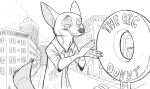  2018 4_fingers absurd_res anthro billboard black_and_white canine city claws clothed clothing detailed_background digital_drawing_(artwork) digital_media_(artwork) dipstick_ears dipstick_tail disney doughnut english_text food fox fur gloves_(marking) greyscale half-closed_eyes hi_res macro male mammal markings monochrome multicolored_tail necktie nick_wilde raised_eyebrow road secoh2000 sidewalk sign signature street text zootopia 