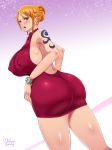 1girl ass breasts brown_eyes huge_breasts looking_back mikanberry nami_(one_piece) no_bra one_piece orange_hair sideboob solo thick_thighs thighs wide_hips 