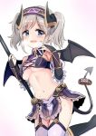  :d bandeau bare_shoulders black_bandeau black_footwear black_wings blue_eyes blush boots breasts bridal_gauntlets commentary curled_horns demon_girl demon_horns demon_tail demon_wings garter_straps gradient gradient_background headband heavy_breathing holding horns kazemiya_akari knee_boots long_hair medium_breasts navel open_mouth princess_connect! princess_connect!_re:dive purple_background purple_skirt silver_hair simple_background skirt smile solo sweat tail thighhighs twintails unname white_background white_legwear wings 