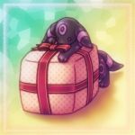  commentary creature ditto facial_mark full_body gen_1_pokemon gen_2_pokemon gift gift_box katsuragi_shion_(pixiv1173138) lowres multicolored multicolored_background no_humans pokemon pokemon_(creature) purple_eyes ribbon solo transformed_ditto umbreon 