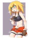  bangs bare_arms bare_shoulders bike_shorts bike_shorts_under_shorts blonde_hair blush breasts brown_gloves commentary_request eyebrows_visible_through_hair gloves green_eyes hand_on_own_chest highres hot medium_breasts midriff navel open_mouth rockman rockman_dash roll_caskett short_shorts shorts sidelocks solo steaming_body suzurino sweat tank_top zipper 