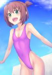  blue_sky brown_hair character_request cloud copyright_request cowboy_shot day green_eyes hai_(h81908190) highleg highleg_leotard highleg_swimsuit leotard one-piece_swimsuit open_mouth outdoors outstretched_arms pink_leotard short_hair side_ponytail sky smile solo swimsuit upper_teeth 