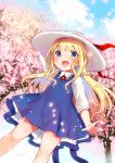  :d arm_up bangs blonde_hair blue_dress blue_eyes blue_sky blush cherry_blossoms cloud collared_shirt commentary_request day dress dutch_angle eyebrows_visible_through_hair flower hand_on_headwear hat ichihaya long_hair looking_at_viewer open_mouth original outdoors petals pink_flower red_ribbon ribbon shirt sidelocks sky sleeveless sleeveless_dress smile solo very_long_hair white_hat white_shirt 