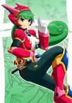  1girl android bamboo bamboo_print blue_eyes boots breasts capcom gloves green_hair hand_gesture headgear helmet holding holding_weapon knee_boots long_hair marino medium_breasts ninja_seal rockman rockman_x rockman_x_command_mission sheath sheathed smile solo solo_focus sunnythesunflower weapon white_gloves 