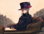  ange_(princess_principal) black_cape black_dress black_gloves black_hat blue_eyes blush cape carriage cavorite_ball closed_mouth commentary dress fine_art_parody flower fur_collar fur_trim genso gloves grey_hair hair_between_eyes hat hat_flower hat_ornament light_smile long_sleeves looking_at_viewer outdoors parody princess_principal short_hair sitting solo top_hat twitter_username 