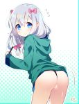  akemaru ass black_panties blue_eyes blush bow closed_mouth commentary_request eromanga_sensei flying_sweatdrops from_behind green_jacket hair_bow highres izumi_sagiri jacket leaning_forward long_hair long_sleeves looking_at_viewer looking_back panties pink_bow polka_dot polka_dot_background silver_hair solo standing stylus thong underwear wavy_mouth 
