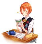  :3 alternate_eye_color argyle_sweater_vest blush book cat_tail chair collared_shirt commentary_request desk elbows_on_table hair_ornament hairpin holding holding_book homework hoshizora_rin love_live! love_live!_school_idol_project minori_748 neck_ribbon open_book orange_hair pencil_case reading ribbon school_desk shirt short_hair simple_background sitting solo sparkle star star_hair_ornament sweater_vest tail upside-down_book v-shaped_eyebrows white_background white_shirt yellow_eyes yellow_neckwear 