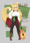  absurdres animal_ears blonde_hair blush boots breasts character_sheet commentary_request dated earrings fox_ears fox_girl fox_tail full_body highres huge_breasts instrument jewelry long_hair looking_at_viewer lute_(instrument) original red_eyes riff_(shiruhiya) shiruhiya signature smile solo tail translation_request 