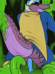  2015 anthro big_tail binturongboy blonde_hair blue_hair blue_penis cape clothed clothing costume crocodile crocodilian digital_drawing_(artwork) digital_media_(artwork) hair hi_res long_tail looking_back male mask multicolored_hair open_mouth penis reptile scalie shiny simple_background slime solo spikes superhero teeth torn_clothing two_tone_hair volteer_(binturongboy) 