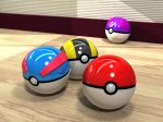  :d cameo commentary_request ditto ditto_(cameo) gen_1_pokemon great_ball kaidori master_ball no_humans open_mouth photorealistic poke_ball poke_ball_(generic) pokemon realistic reflection single_letter smile still_life ultra_ball when_you_see_it wooden_floor 