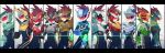  border brown_eyes fire flame frown helmet highres horn hoshikawa_subaru_(rockman) male_focus modela_(baka_x_orange) multiple_persona panels rockman ryuusei_no_rockman ryuusei_no_rockman_3 serious shoulder_pads smile spiked_hair visor_(armor) white_background 