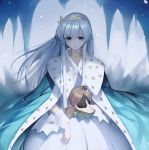  absurdres anastasia_(fate/grand_order) bangs blue_eyes cape charles_(106858) cloud cloudy_sky commentary_request crown doll dress fate/grand_order fate_(series) hair_between_eyes hairband highres holding holding_doll ice jewelry long_hair looking_at_viewer mini_crown royal_robe silver_hair sky snow snowing solo standing very_long_hair 