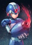  android arm_cannon commentary_request gloves gradient gradient_background green_eyes helmet highres kuroi_susumu looking_at_viewer male_focus rockman rockman_x serious solo weapon white_gloves x_(rockman) 
