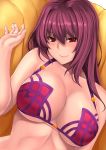  bangs bikini blush breasts cleavage closed_mouth collarbone couch fate/grand_order fate_(series) hair_between_eyes highres large_breasts looking_at_viewer medium_hair purple_bikini purple_hair red_eyes scathach_(fate)_(all) scathach_(swimsuit_assassin)_(fate) swimsuit yashichii 