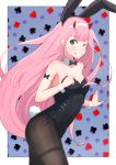  ;d alternate_costume animal_ears arm_strap bangs black_bow black_legwear black_leotard black_neckwear black_ribbon blunt_bangs bow bowtie breasts bunny_ears bunny_tail bunnysuit cleavage collarbone darling_in_the_franxx detached_collar eyebrows_visible_through_hair fake_animal_ears fake_tail green_eyes grin hairband highres horns horns_through_headwear leaning_forward leotard long_hair looking_at_viewer md5_mismatch medium_breasts one_eye_closed open_mouth outside_border pantyhose pink_hair revision ribbon side-tie_leotard smile solo straight_hair strapless strapless_leotard tail teeth thighband_pantyhose uneg very_long_hair white_hairband wrist_cuffs zero_two_(darling_in_the_franxx) 