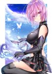  absurdres ankle_boots antenna_hair armored_leotard bare_shoulders black_footwear black_legwear black_panties blue_sky blush boots breasts bug butterfly capelet closed_eyes cloud creature day elbow_gloves eyebrows_visible_through_hair fate/grand_order fate_(series) felnemo fou_(fate/grand_order) from_side gloves glowing_butterfly hair_over_one_eye high_heel_boots high_heels highres insect large_breasts looking_at_viewer looking_to_the_side mash_kyrielight navel navel_cutout outside_border panties petting pink_hair purple_eyes shiny shiny_hair short_hair sitting sky thighhighs thighs underwear white_capelet white_fur 
