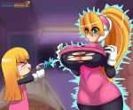  2girls alouette_(rockman_zero) bangs blonde_hair blue_eyes blunt_bangs blush bodystocking bodysuit breast_expansion breasts capcom child ciel_(rockman) dress eyebrows_visible_through_hair eyes_visible_through_hair fringe gloves hair_between_eyes headgear huge_breasts inti_creates large_breasts long_hair multiple_girls open_mouth pink_skirt rockman rockman_zero skirt smile spandex torn_bodysuit torn_clothes tumother white_gloves wide_hips 