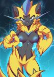  2018 absurd_res anthro areola blue_eyes breasts digital_media_(artwork) fangs feline female hi_res looking_at_viewer mammal nintendo nipples pok&eacute;mon pok&eacute;mon_(species) rainbowscreen solo video_games zeraora 