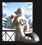  2018 anthro black_nose blue_eyes canid canine canis canvas_whitewolf_(character) digital_media_(artwork) fur male mammal nude rayley smile snow solo standing white_body white_fur wolf 