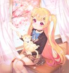  absurdres ahoge animal azur_lane bangs bell black_choker black_jacket blazer blonde_hair blue_bow blush bow brown_skirt cat cherry_blossoms choker closed_mouth collared_shirt commentary curtains day desk eldridge_(azur_lane) eyebrows_visible_through_hair facial_mark flower gradient_hair hair_ornament hairclip highres holding holding_animal holding_cat holding_paper indoors jacket jingle_bell kneehighs long_hair long_sleeves looking_at_viewer multicolored_hair nibbling on_desk open_window paper petals pink_flower purple_eyes purple_hair reel37891 school_desk school_uniform shirt sitting sitting_on_desk skirt solo sunlight torn two_side_up very_long_hair white_legwear white_shirt window 