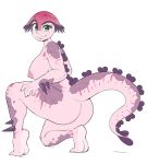  2014 3mangos anthro areola big_breasts big_butt blue_eyes breasts butt digital_media_(artwork) dinah_(heartzmd) dinosaur female freckles hi_res hindpaw looking_at_viewer nails nipples pachycephalosaurus paws pink_skin purple_skin scalie simple_background smile solo spikes thick_thighs white_background 