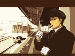  black_hair commentary_request gloves graphite_(medium) ground_vehicle hat letterboxed looking_at_viewer male_focus necktie original outdoors pointing pointing_up railroad_tracks short_hair sketch solo tmch traditional_media train train_attendant train_station whistle 