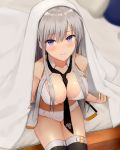  azur_lane bangs bare_shoulders bed bed_sheet belt_buckle between_breasts black_legwear black_neckwear blanket blurry blurry_background blush bra breasts buckle cleavage closed_mouth commentary enterprise_(azur_lane) eyebrows_visible_through_hair from_above hair_between_eyes highres kinokorec large_breasts long_hair looking_at_viewer navel necktie open_clothes panties pillow purple_eyes shiny shiny_hair shiny_skin shirt sidelocks silver_hair sitting sleeveless sleeveless_shirt smile solo thighhighs under_covers underwear white_bra white_panties white_shirt 