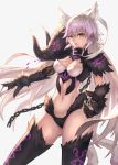  absurdres agrius_metamorphosis ahoge animal_ears ass_visible_through_thighs atalanta_(alter)_(fate) atalanta_(fate) bangs belt_collar black_legwear braid breasts cat_ears cat_tail chain claws cleavage_cutout commentary fate/grand_order fate_(series) fur_trim green_eyes hair_between_eyes highres long_hair looking_at_viewer masaki_(msk064) medium_breasts multicolored_hair navel silver_hair simple_background solo standing tail 