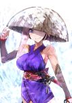  arm_up bare_shoulders blue_eyes blush breasts bright_pupils closed_eyes cosaten cowboy_shot detached_sleeves earrings fate/grand_order fate_(series) hand_on_headwear holding holding_sword holding_weapon japanese_clothes jewelry kimono long_hair long_sleeves looking_at_viewer medium_breasts miyamoto_musashi_(fate/grand_order) obi pink_hair purple_kimono sash shaded_face short_kimono smile snow snowing solo standing sword tareme underbust unsheathed weapon winter 