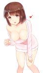  areola_slip areolae bad_id bad_pixiv_id bare_legs breasts brown_eyes brown_hair chouge60229 collarbone dress eyebrows_visible_through_hair feet_out_of_frame hanging_breasts heart katou_megumi leaning_forward long_sleeves looking_at_viewer medium_breasts off_shoulder pink_dress pink_sweater saenai_heroine_no_sodatekata shiny shiny_hair shiny_skin short_hair simple_background single_bare_shoulder solo standing sweater sweater_dress tareme white_background 