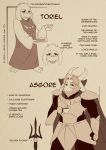  1girl absurdres armor asgore_dreemurr beard bespectacled cape character_name character_sheet claws clenched_hand crown cup directional_arrow english facial_hair fangs food furry glasses goat_girl highres horns monochrome no_humans pie polaris_(polarissketches) polearm popped_collar sepia standing teacup toriel trident undertale watermark weapon web_address 