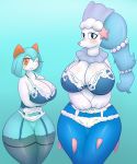  anthro big_breasts bra breasts cleavage clothed clothing duo female hi_res huge_breasts humanoid kirlia legwear lingerie nintendo one_eye_closed pandashorts pok&eacute;mon pok&eacute;mon_(species) primarina shiny_pok&eacute;mon simple_background smile stockings underwear video_games wide_hips wink 