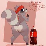  beverage big_butt butt cracker_(artist) dialogue female huge_butt mammal peggle procyonid raccoon roxy short_stack soda video_games wide_hips 