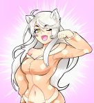  ahoge angie_bunnie animal_ears bakemonogatari black_hanekawa breasts cat_ears cleavage fang hanekawa_tsubasa large_breasts long_hair monogatari_(series) navel one_eye_closed open_mouth pajamas paw_pose silver_hair solo very_long_hair yellow_eyes 