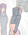  2girls absurdres brooklyn_sweater commentary covered_face cowboy_shot emphasis_lines english_commentary fern_(sousou_no_frieren) frieren grey_hair highres mawaw midriff multiple_girls navel purple_hair reference_inset sideless_sweater single_sleeve sousou_no_frieren twintails white_background you're_doing_it_wrong 