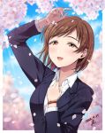  alternate_costume alternate_hair_length alternate_hairstyle brown_eyes brown_hair business_suit cherry_blossoms commentary_request formal highres idolmaster idolmaster_cinderella_girls looking_up nitta_minami office_lady short_hair solo suit upper_body yoohi 