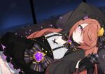  1girl absurdres black_bow black_bowtie black_gloves black_shirt black_skirt bow bowtie brooch commentary english_commentary facial_mark flat_chest gloves hair_ornament hair_over_one_eye highres holding holding_microphone indie_virtual_youtuber jewelry long_hair long_sleeves lying microphone multicolored_bow night nina_saotome nina_saotome_(nina_2.0) on_back orange_hair petals pillow purple_eyes purple_petals shirt skirt sky smile solo star_brooch striped_bow striped_bowtie striped_clothes suspender_skirt suspenders valefal_coneri virtual_youtuber white_shirt 