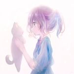  animal blue_dress cat cat_focus commentary dress from_side grey_eyes holding holding_animal holding_cat koneko_mari mouth_hold original pink_hair ponytail short_hair simple_background solo white_background 