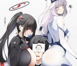  2girls :d ass black_bodysuit black_hair blue_archive blush bodysuit breasts bright_pupils closed_mouth commentary english_commentary halo highres himari_(blue_archive) himari_(bodysuit)_(blue_archive) huge_breasts keenh long_hair looking_at_viewer mole mole_under_eye multiple_girls official_alternate_costume open_mouth pointy_ears ponytail pout red_eyes rio_(blue_archive) rio_(bodysuit)_(blue_archive) sensei_(blue_archive) simple_background smile white_background white_bodysuit white_hair white_pupils 